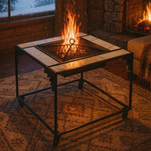 منقل شوي حديد مربع بكفرات متحرك لون اسود رخام ابيض...