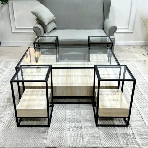 طقم طاولة تقديم بديل الرخام مع سطح زجاج شفاف و 4 ط...