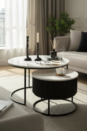 طقم طاولتين ضيافة متداخلة لون اسود سطح خشب شكل رخا...