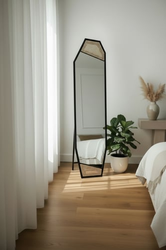 مرآة أرضية كاملة بإطار خشبي أسود مع تفاصيل راتان ق...