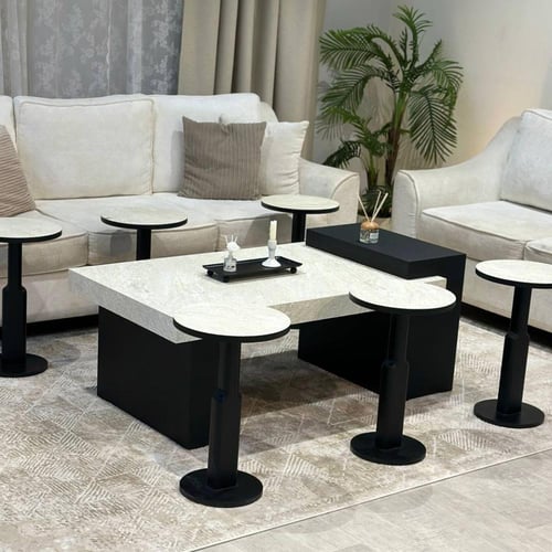 طقم طاولة ضيافة قاعدة خشب أسود سطح بديل الرخام مع...
