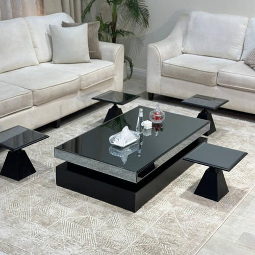 طقم طاولات سطح مراية أرضي مع 4 خدمة لون اسود - بتص...