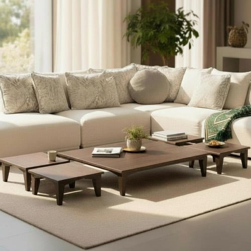 طقم طاولات ارضي خشب بني شكل مربع - بتصميم أنيق وعم...