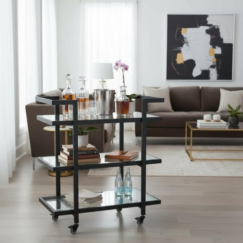 عربية تقديم ضيافة 3 دور حديد أسود سطح زجاج شفاف