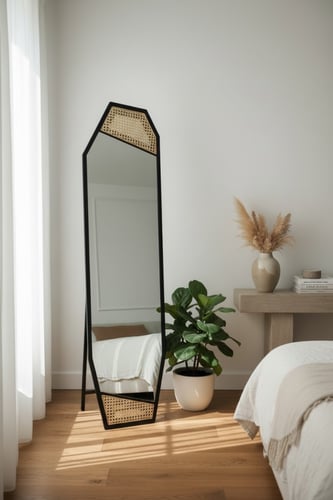 مرآة أرضية كاملة بإطار خشبي أسود مع تفاصيل راتان ق...