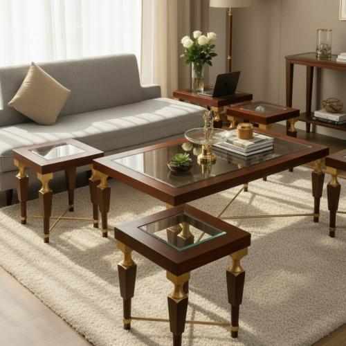 طقم طاولات ضيافة خشب بلون بني و بسطح زجاجي شفاف