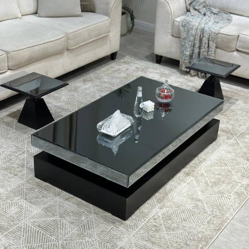 طقم طاولات سطح مراية أرضي مع 4 خدمة لون اسود - بتص...