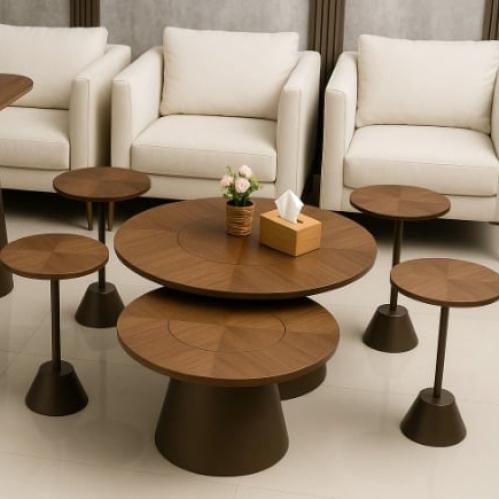 طقم طاولتين سطح خشب قشرة عمود مع 4 خدمة لون بني