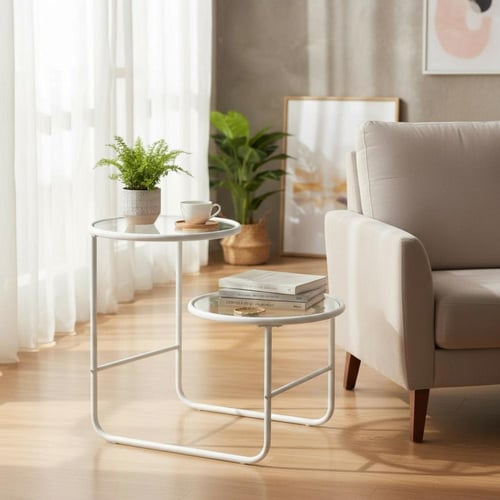 طاولة جانبية دورين حديد أبيض سطح زجاج شفاف - بتصمي...