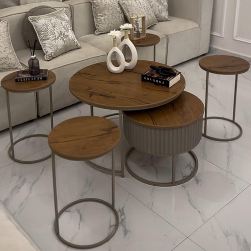 طقم طاولتين خشب كنب مع 4 خدمة لون شمباني