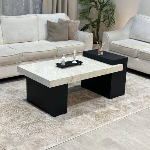 طقم طاولة ضيافة قاعدة خشب أسود سطح بديل الرخام مع...