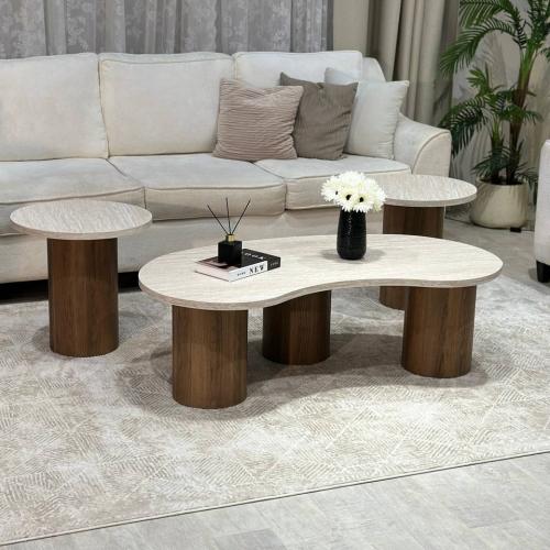 طقم طاولة سطح خشبي قاعدة بني مع 2 طاولات خدمة - بت...