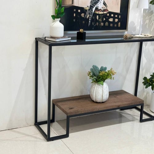 مدخل خشب بني دورين زجاج أسود