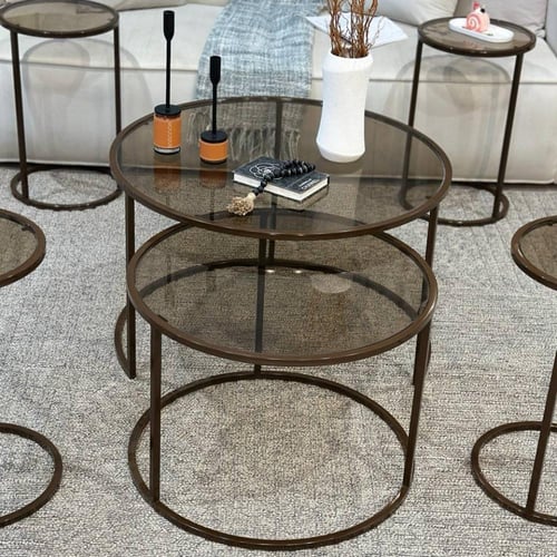 طقم طاولات ضيافة لون بني زجاج بني مع 4 خدمة