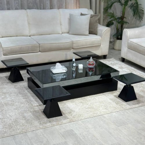 طقم طاولات سطح مراية أرضي مع 4 خدمة لون اسود - بتص...