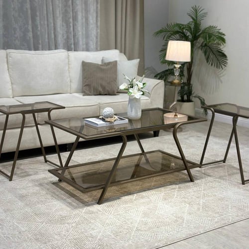 طاولة ضيافة دورين لون نحاسي سطح زجاج بني شفاف مع 4...