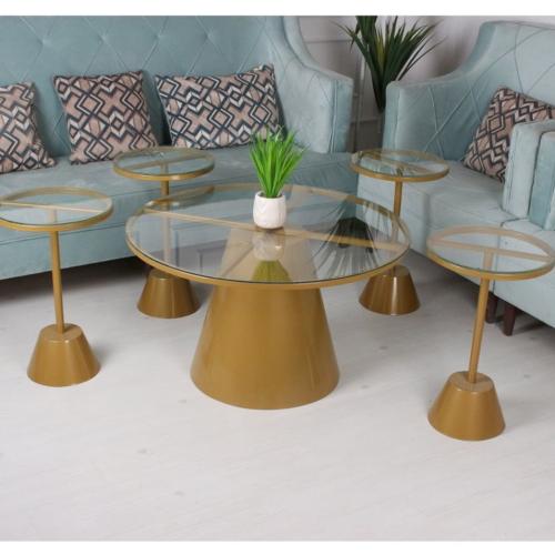 طقم طاولات ضيافة صاج ذهبي سطح زجاج شفاف مع 4 خدمة