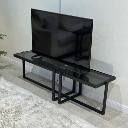 طاولة تلفزيون حديد أسود زجاج أسود شفاف