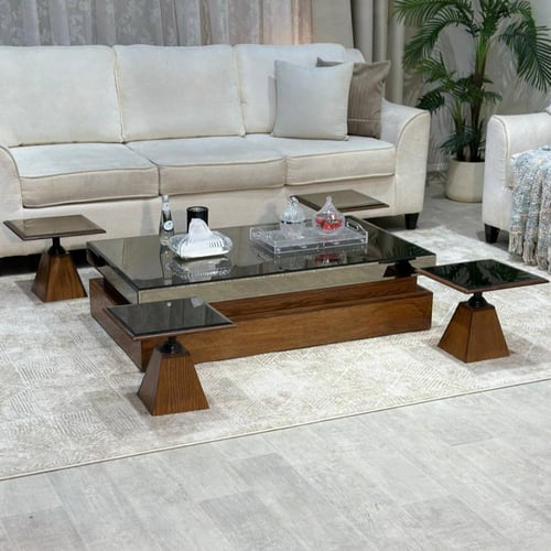 طقم طاولات سطح مراية ارضي مع 4 خدمة لون بني