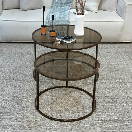 طقم طاولات ضيافة لون بني زجاج بني مع 4 خدمة