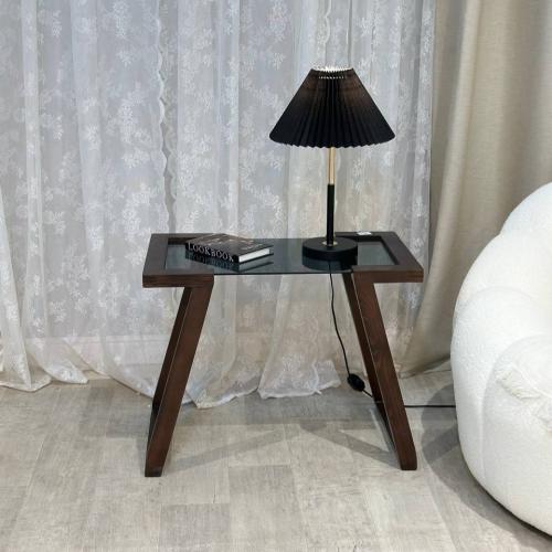 طاولة خشب سطح زجاج أسود