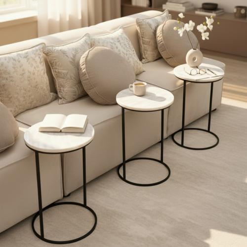 طقم طاولة خدمة 3 حبة حديد ذهبي سطح خشب شكل رخامي -...