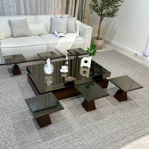 طقم طاولات سطح مراية ارضي مع 6 خدمة لون بني