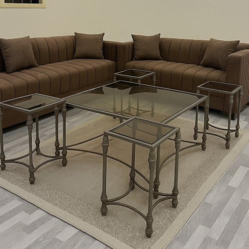 طقم طاولات ضيافة شمباني سطح زجاج بني شفاف مع 4 طاو...