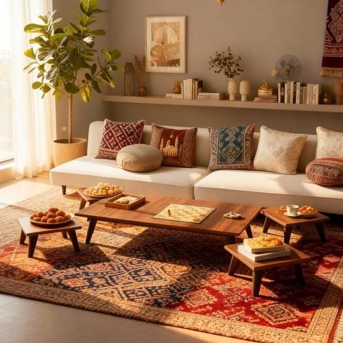 طقم طاولات ارضي خشب بني شكل مستطيل - بتصميم أنيق و...