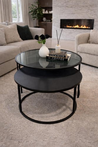 طقم طاولتين متداخلة زجاج وخشب سنديان لون أسود