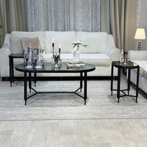 طقم طاولات ضيافة حديد أسود زجاج أسود مع 4 خدمة