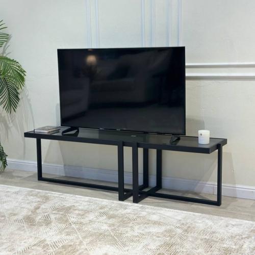 طاولة تلفزيون حديد أسود زجاج أسود شفاف