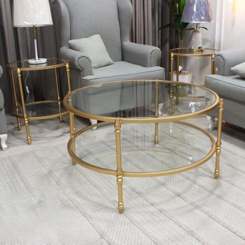 طقم طاولات ضيافة دائري دورين حديد ذهبي زجاج شفاف م...