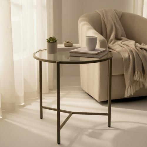 طاولة جانبية دائرية قاعدة حديد نحاسي وزجاج بني شفا...