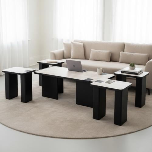 طقم طاولات قهوة عصرية 5 قطع – سطح رخامي مع قاعدة س...