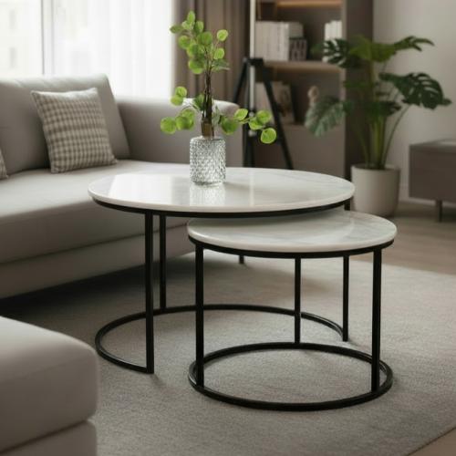 طقم طاولتين سطح خشب شكل رخام لون اسود