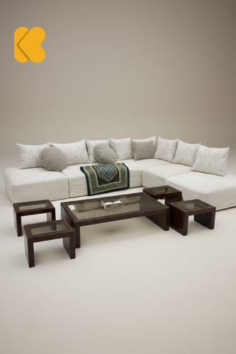 طقم طاولات ضيافة ارضي خشب بني سطح زجاج بني مع 4 طا...