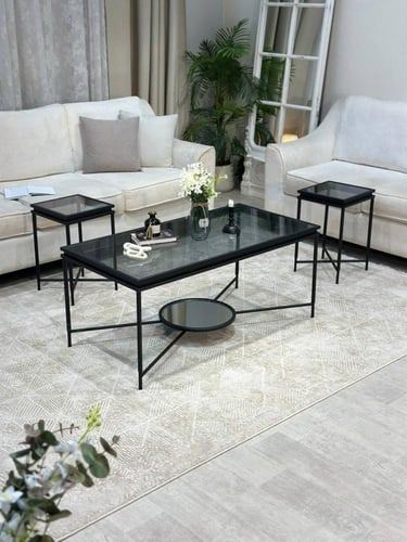 طقم طاولات فخم بسطح زجاج أسود – تصميم عصري يجمع بي...