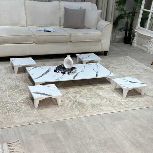 طقم طاولات ارضي خشبي بشكل مستطيل – لون أبيض رخامي...
