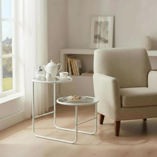 طاولة جانبية دورين حديد أبيض سطح زجاج شفاف - بتصمي...