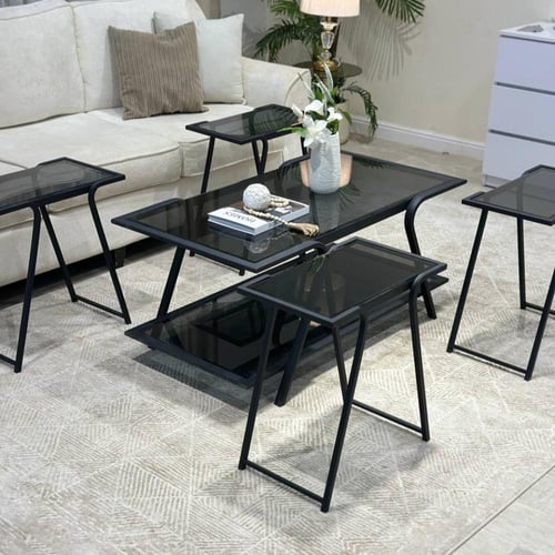 طاولة ضيافة دورين لون أسود سطح زجاج أسود شفاف مع 4...