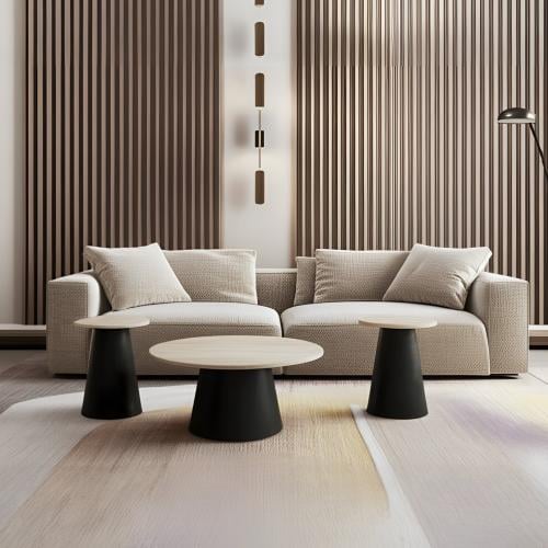 طقم طاولات ضيافة 3 قطع قاعدة حديد سوداء سطح خشب بي...