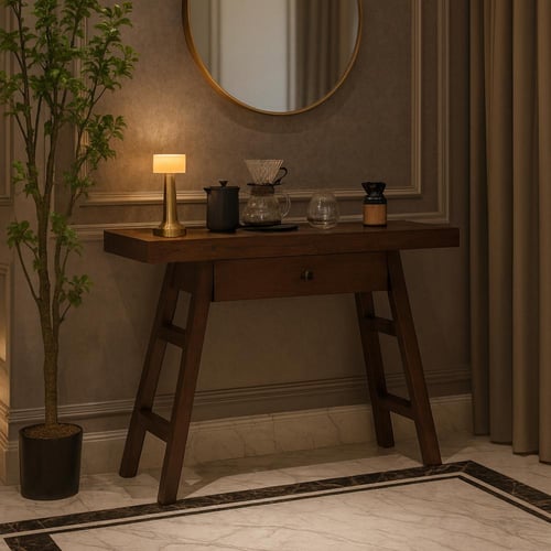 مدخل خشبي بني غامق مع درج