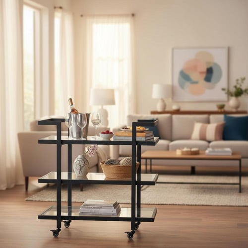 عربية تقديم ضيافة 3 دور حديد أسود سطح زجاج شفاف