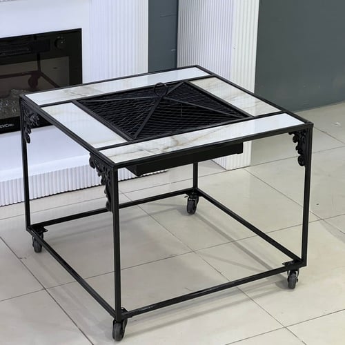 منقل شوي حديد مربع بكفرات متحرك لون اسود رخام ابيض...