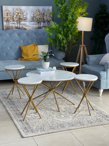 طقم طاولة أكس 5 قطع سطح خشب شكل رخام