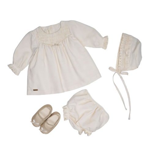 ميني جنتل طقم فستان بناتي كتان - 4 قطع - بيج