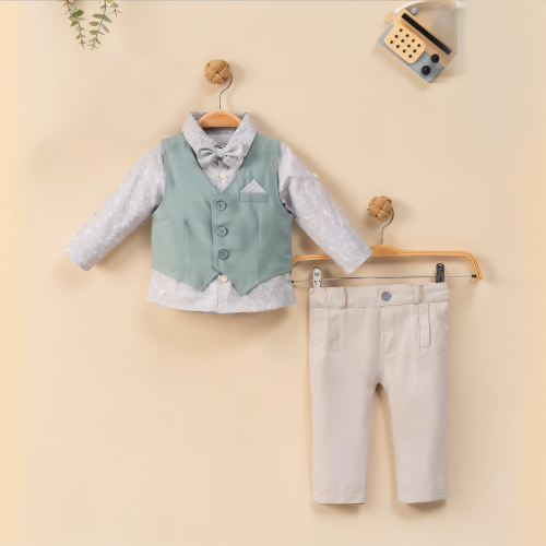 ميني جنتل طقم رسمي للأولاد - 3 قطع - بيج وأخضر - 5...