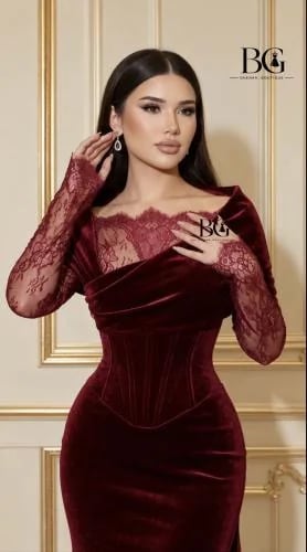 فستان سهره مخمل عنابي