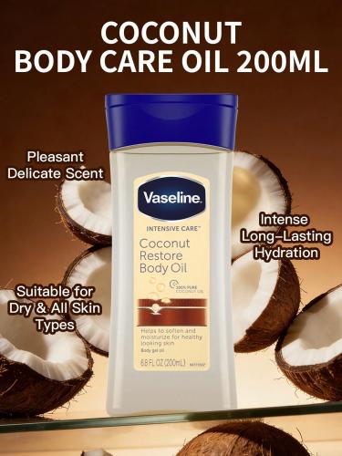 Vaseline زيت العناية بالجسم فازلين 200 مل، برائحة جوز الهند، صيغة مرطبة ومغذية، مناسبة لجفاف الجلد في جميع أنحاء الجسم